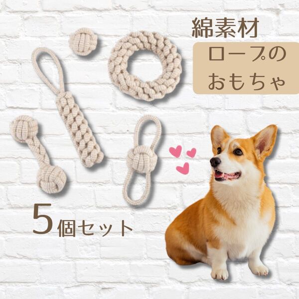 引っ張りロープ 犬用 おもちゃ ペット 5点セット 綱引き 噛むおもちゃ ストレス発散 天然綿素材 綿 麻 ロープ 玩具 歯磨き