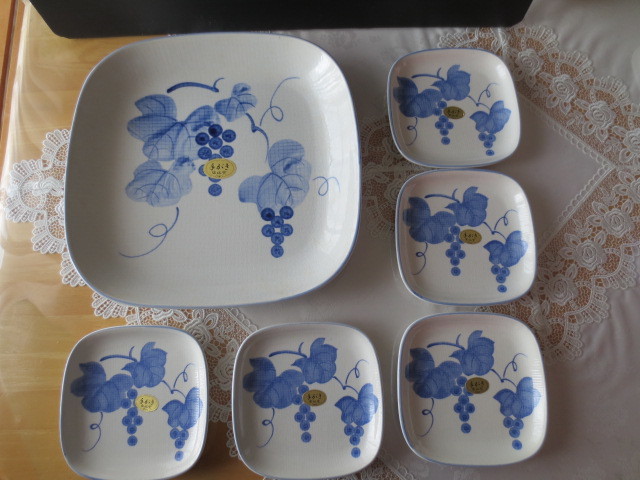 ★Hosen kiln, hand-painted, grapes, square platter & serving plate set, grapes, Japanese tableware, dish, platter