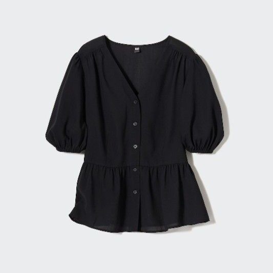 UNIQLO ◆ レーヨンローンVネックブラウス M ブラック
