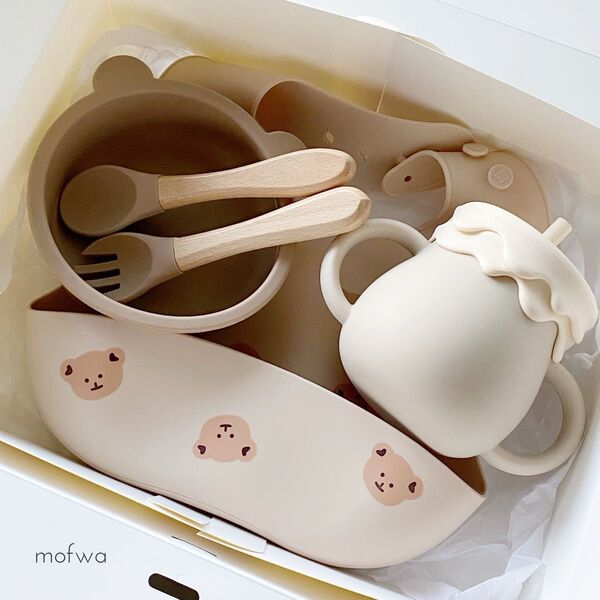 出産祝い ギフトセット くま 食器 マグ スタイ カトラリー シリコン ブラウン