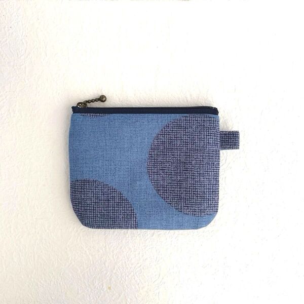大きなドット 12×10cm ミニポーチ ハンドメイド 小銭入れ カード入れ ブルー No.87