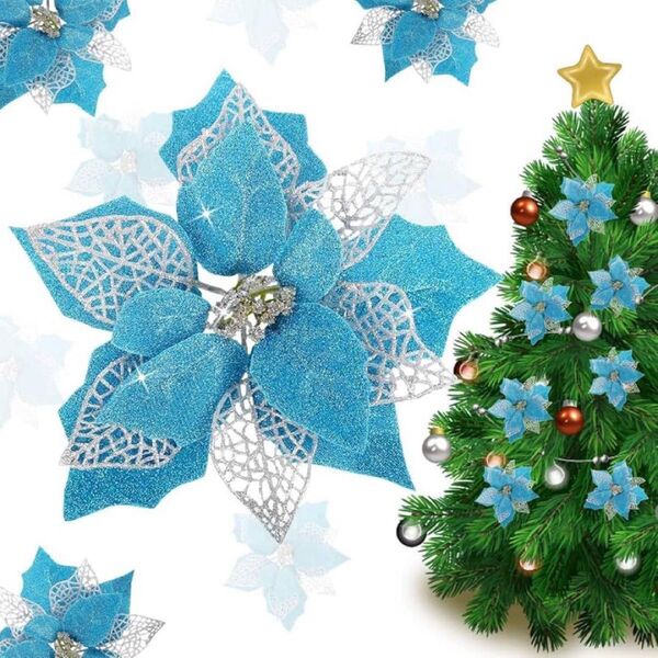 *未使用品*クリスマスツリー 飾り オーナメント 装飾 飾りつけ 花 造花 キラキラ ラメ ブルー 水色