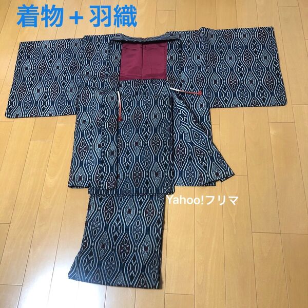 アンサンブル 着物 と 羽織 紬 ブルーベース 昭和レトロ リメイク素材
