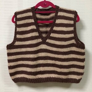 新品 手編みランド♪ レディース ボーダー ショート丈 ベスト 066