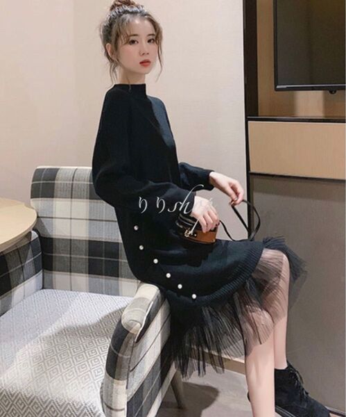 ☆韓国☆ハイネック ニットワンピース チュールレース パール付き レイヤード