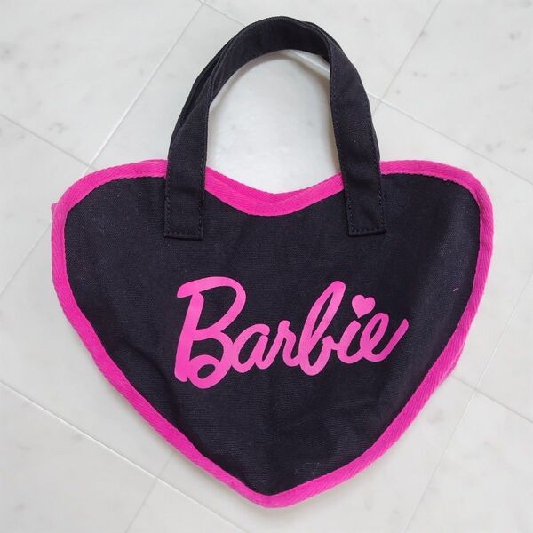 【Barbie】ハートトートバッグ ロゴ 黒 ピンク ハンドバッグ エコバッグ ミニトート