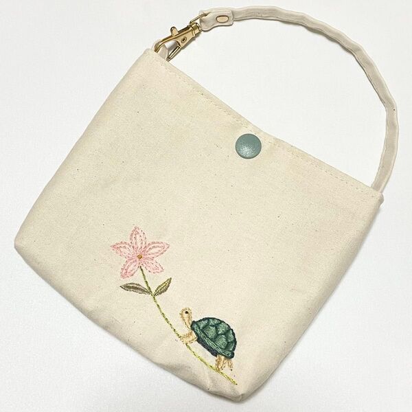 刺繍 亀 花 バッグポーチ ハンドメイド