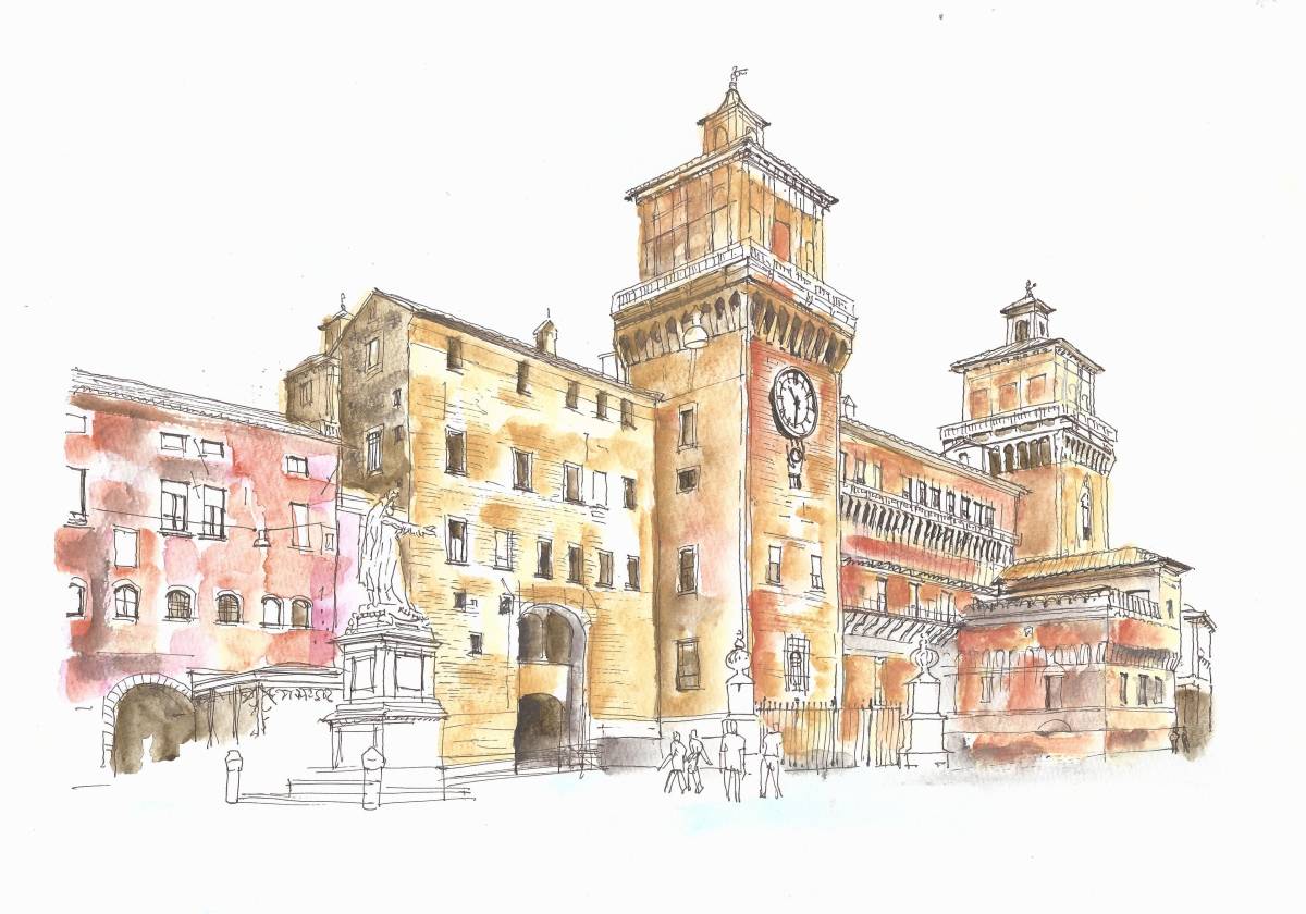 Weltkulturerbe-Stadtbild, Italien, Ferrara, Schloss Este, F4-Zeichenpapier, Original Aquarellmalerei, Malerei, Aquarell, Natur, Landschaftsmalerei