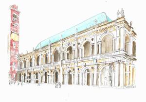 Art hand Auction World Heritage Cityscape / Basilica of Piazza Signori, Vicenza, Italy / F4 drawing paper / Original watercolor painting, painting, watercolor, Nature, Landscape painting