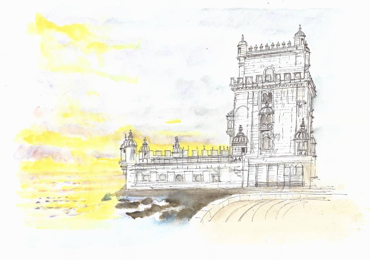 التراث العالمي سيتي سكيب, البرتغال, لشبونة, برج بيليم, ورق رسم F4, اللوحة المائية الأصلية, تلوين, ألوان مائية, طبيعة, رسم مناظر طبيعية