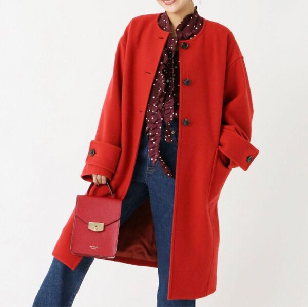 スピック&スパン ノーカラーコート ウール レッド 朱赤 38 ゆったり Spick and span