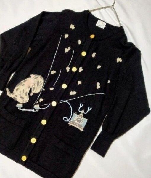 90.s イタリー製 ウール100% でんわ ワンちゃん 刺繍 ロング丈 カーディガンカラー...ブラック