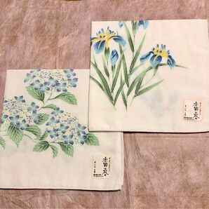 ガーゼハンカチーフ 季節の花々(紫陽花、菖蒲)計2枚 綿100% 日本製。※新品・未使用※