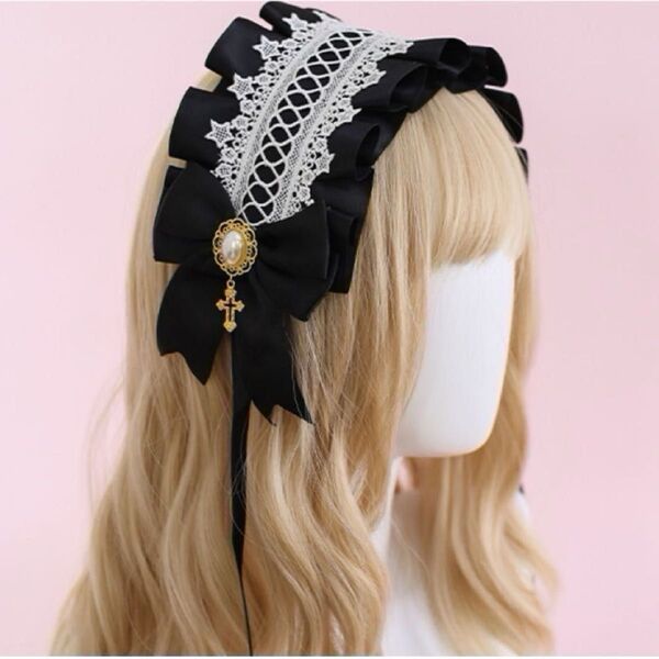 【セール!】レースのヘッドドレス 黒★パール&十字架&リボン★ロリータ ゴスロリ ヘアアクセサリー カチューシャ 可愛いヘアバンド