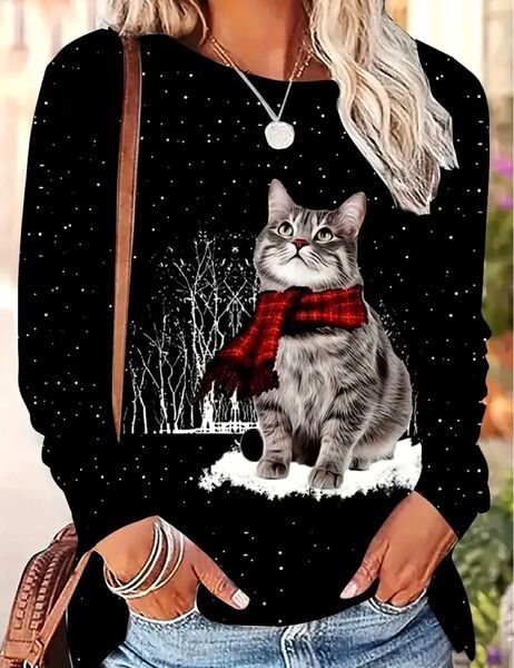 雪とにゃんこ♪ 猫柄 長袖Tシャツ Mサイズ