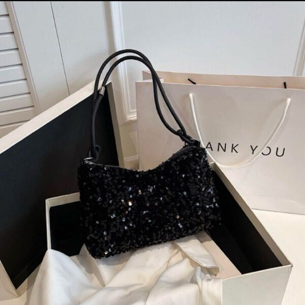 スパンコール ハンドバック ショルダーバッグ パーティーバッグ 黒 結婚式 新品 ブラック キラキラ 上品 おしゃれ 韓国 綺麗