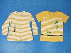 [ bargain ]*HusHusH/ HusHush * long sleeve & short sleeves T-shirt set yellow × white * border /110 size 