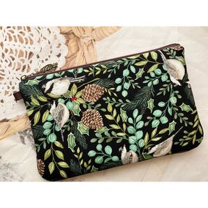 ☆ハンドメイド☆ 柊 トリ ふんわり フラットポーチ【L】