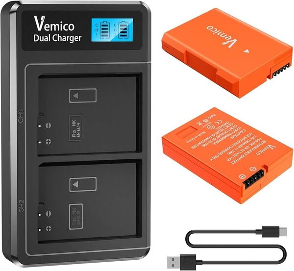 EN-EL14A/EN-EL14 バッテリー 2*1500mAh LCD付き充電器 EN-EL14電池キット Type-c