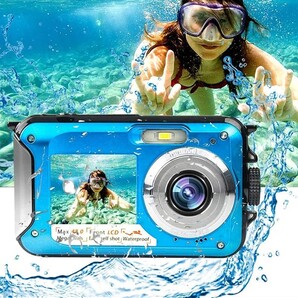 【防水デジカメで出かけよう】4800万画3m防水デジタルカメラ デジカメ 水中 スポーツカメラデュアルスクリーン コンパクト ブルー