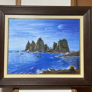 海景画 油彩 ダークブラウンフレーム F6油彩 真作 風景画 油彩画 額装