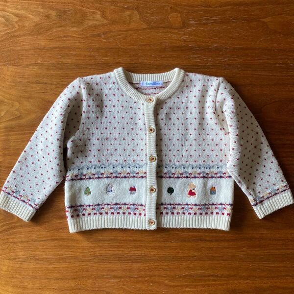 美品 familiar ファミリア 刺繍 ウール混 カーディガン ハート柄 90㎝