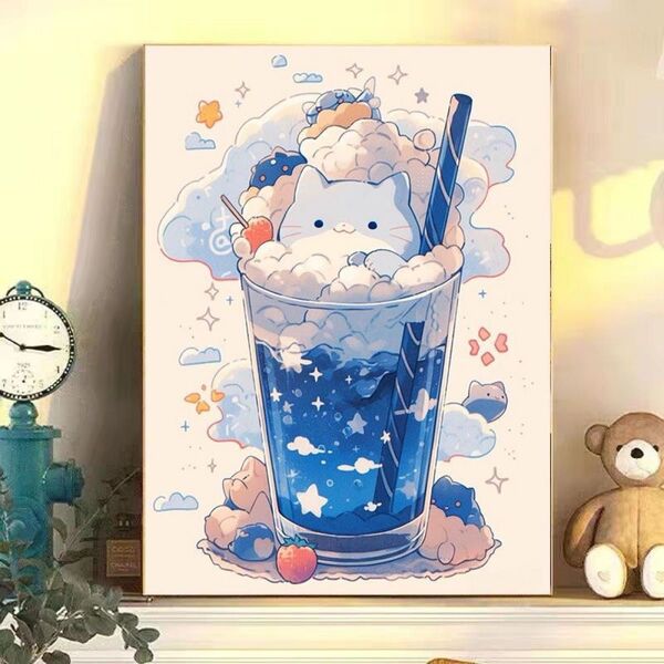 甘品猫2 シリーズ DIY 数字油絵 塗り絵 手芸キット 水海 木 景色 絵画 絵具付 数字絵 大人の塗り絵 油絵 猫 複製原画