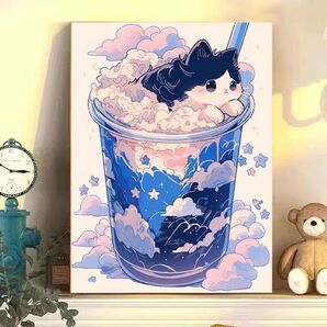甘品猫4 シリーズ DIY 数字油絵 塗り絵 手芸キット 水海 木 景色 絵画 絵具付 数字絵 大人の塗り絵 油絵 猫 複製原画