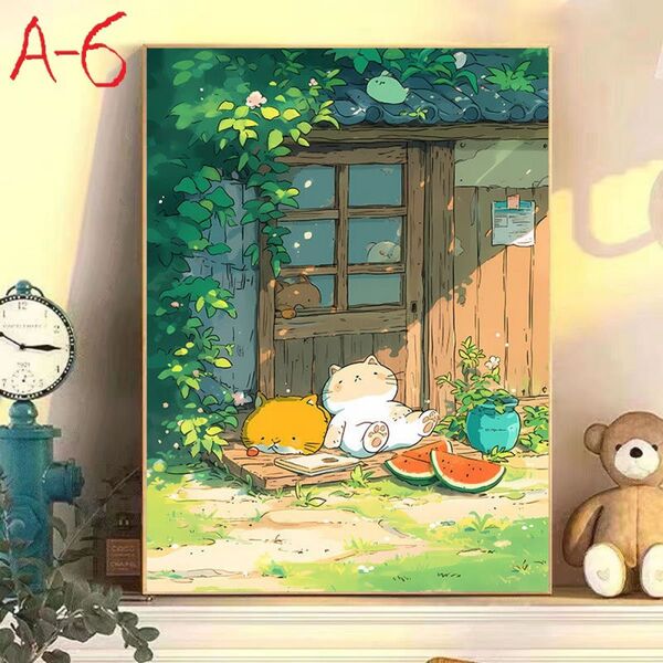 A-6 伏平2 DIY 数字油絵 塗り絵 手芸キット 絵画 絵具付 数字絵 ポスター アニメ タペストリー 額装品 油絵 猫