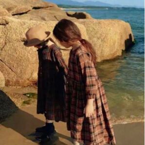 SCON*キッズ*ワンピース*グレンチェック*ブラウン*S*90〜100