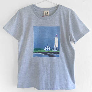 Art hand Auction Tee shirt femme taille L motif phare tee shirt peint à la main décontracté maison livre d'images noël scandinave, Taille L, col rond, à motifs