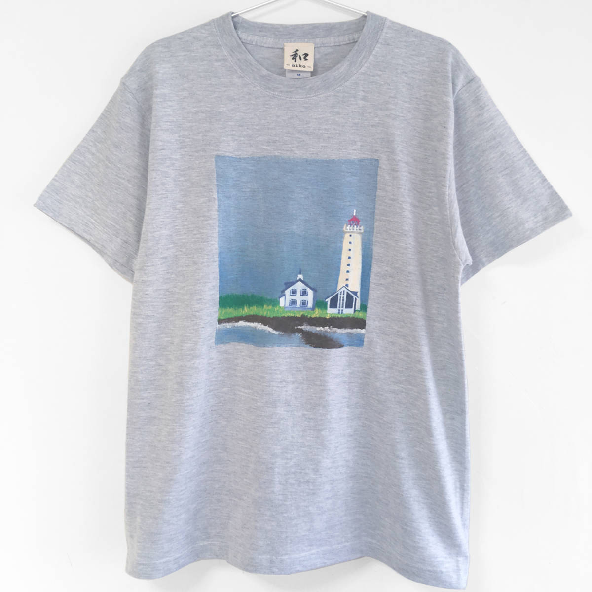 メンズ Tシャツ Lサイズ 灯台柄 手描きTシャツ カジュアル ハウス 絵本 北欧 クリスマス, Lサイズ, 丸首, 柄もの