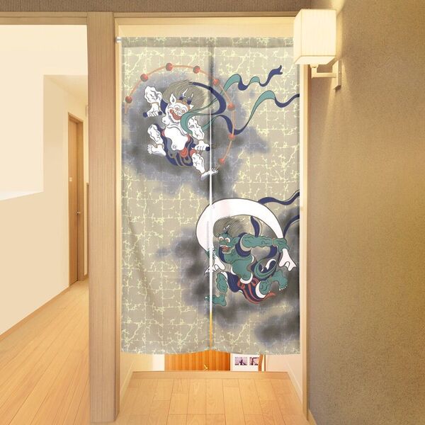 【匿名配送】85X150cm 本縫いのれん「N 風神雷神」和柄 目隠し