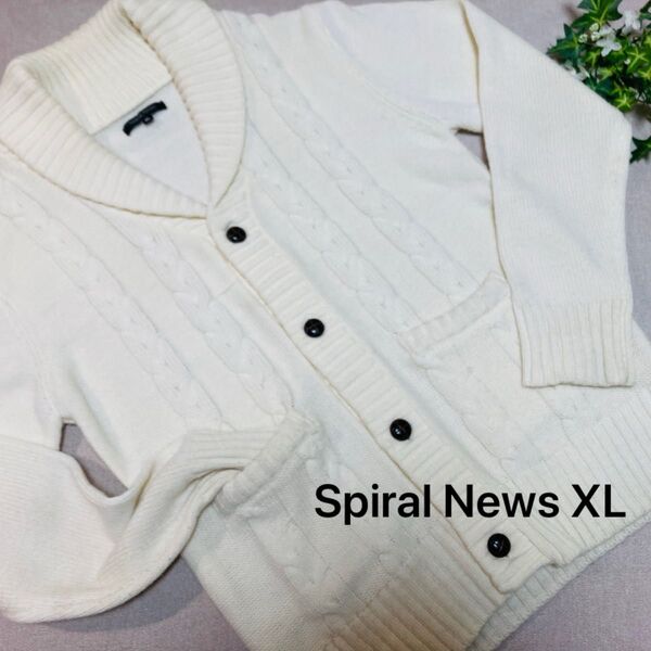 spiral news ケーブルニットカーディガン メンズ ホワイト XL ウッドボタン Vネック カジュアル 羽織り