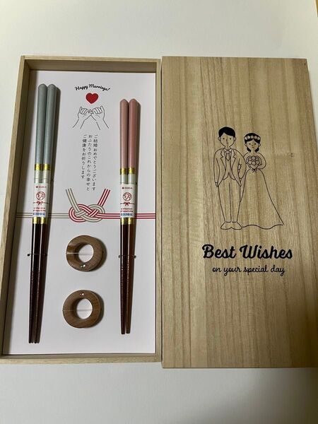 【大人気】夫婦箸 シャンパンペア&箸置きセット 桐箱入