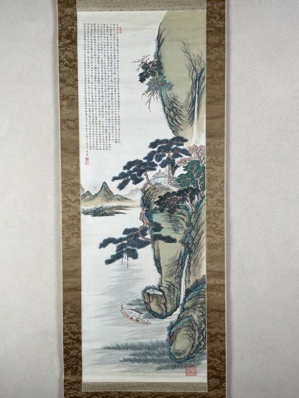 中国美術 骨董 掛軸「文伯仁」画 観瀑図 設色絹本 中国美術 骨董 掛軸「文伯仁」画 観瀑図 設色絹本 (中国美術