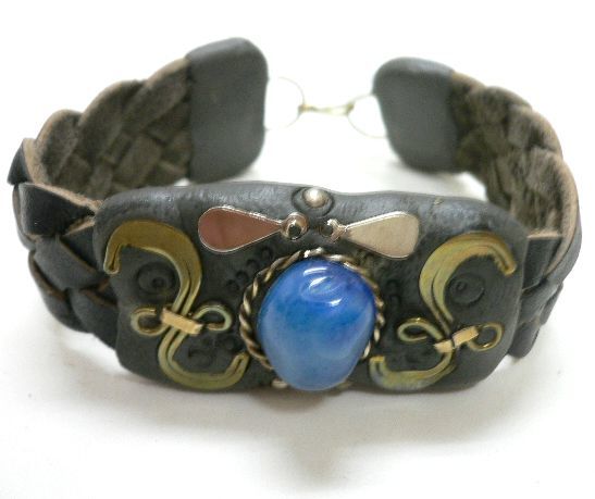 Cowhide leather bracelet with natural blue jade stone / handmade in Peru, bracelet, leather, others