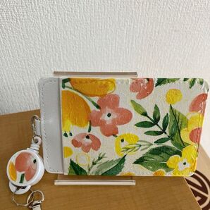 定期入れリール付き デコパージュ 黄色オレンジ花柄