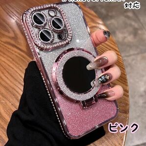 iPhoneケース スマホケース ピンク ミラー付き キラキラ スマホリング