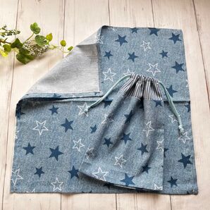 ハンドメイド*給食袋ナフキンセット《星デニム調ブルー》