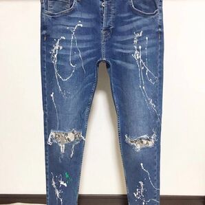 柔らかめ ペイント ZARA MAN ヘビ柄 カットオフ 34 ストレッチ スキニー ダメージ デニム メンズ パンツ ジーンズ