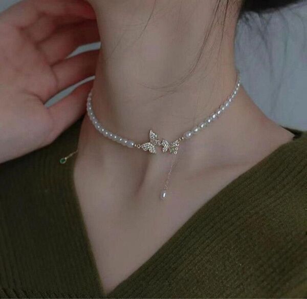 N-95.パールネックレス ゴールド ジルコニア バタフライ 蝶