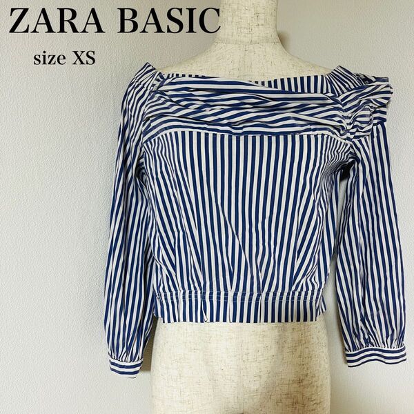 【USED】ザラベーシック ZARA BASIC ストライプシャツ オフショルダー ショート丈 ブラウス 長袖