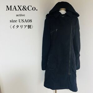 【USED】マックスアンドコー Max&Co. イタリア製 ロングコート フルジップ 黒 ブラック フーディー 無地 シンプル