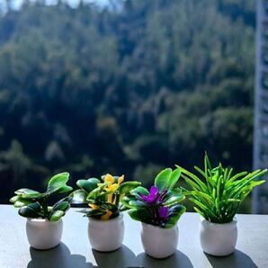人工ミニ観葉植物 4個セット、ミニ植木鉢、フェイクフラワーポット