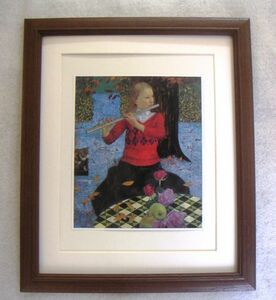 Art hand Auction Juichi Hanaoka Flute Player and Cat offset reproduction, wooden frame included, immediate purchase, painting, oil painting, portrait