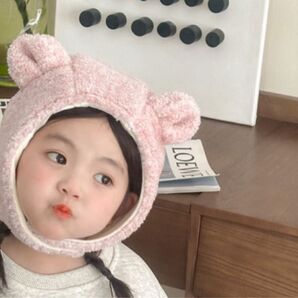 クリスマス ヘアピン 2個入り くまさん帽子キッズ用 50〜52 冬 耳当て ピンク クリスマス ふわふわ 子供 冬