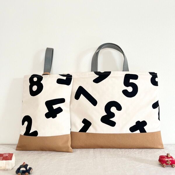入園入学2点セット☆BIG123アイボリー×カフェオレ レッスンバッグ 上履き入れ ハンドメイド