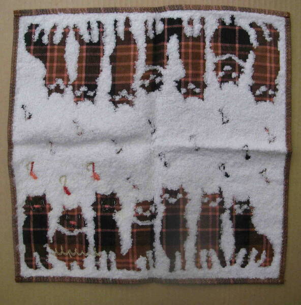 中古未使用品★「AKIKO OBUCHI ハンドタオル 猫 25×25㎝ 無撚糸 綿100% ブルーミング中西」
