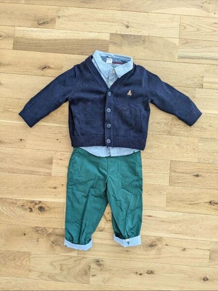 美品 BabyGAP おしゃれセットアップ 3点セット クリスマスコーデ カーディガン シャツ 長ズボン